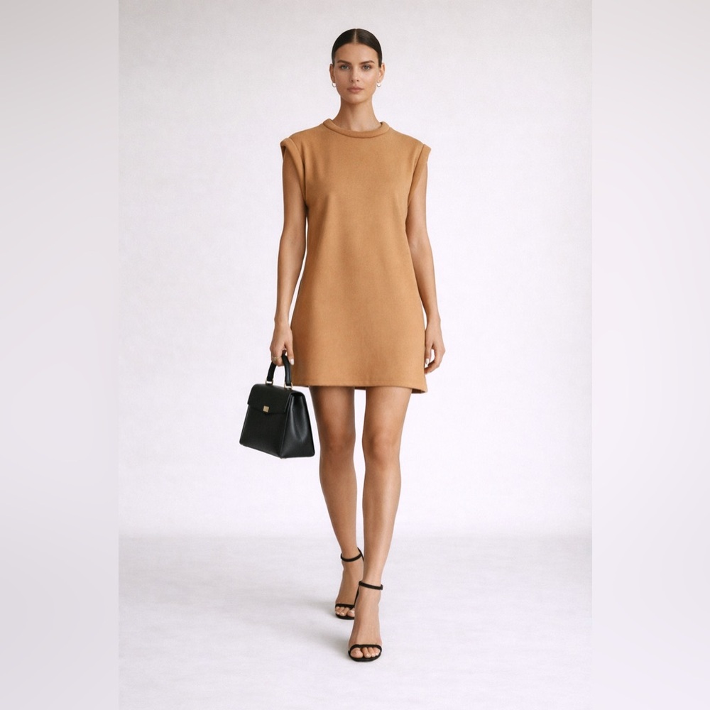 Federica Tosi brown camel colored roll neck and sleeve tee shirt mini dress.